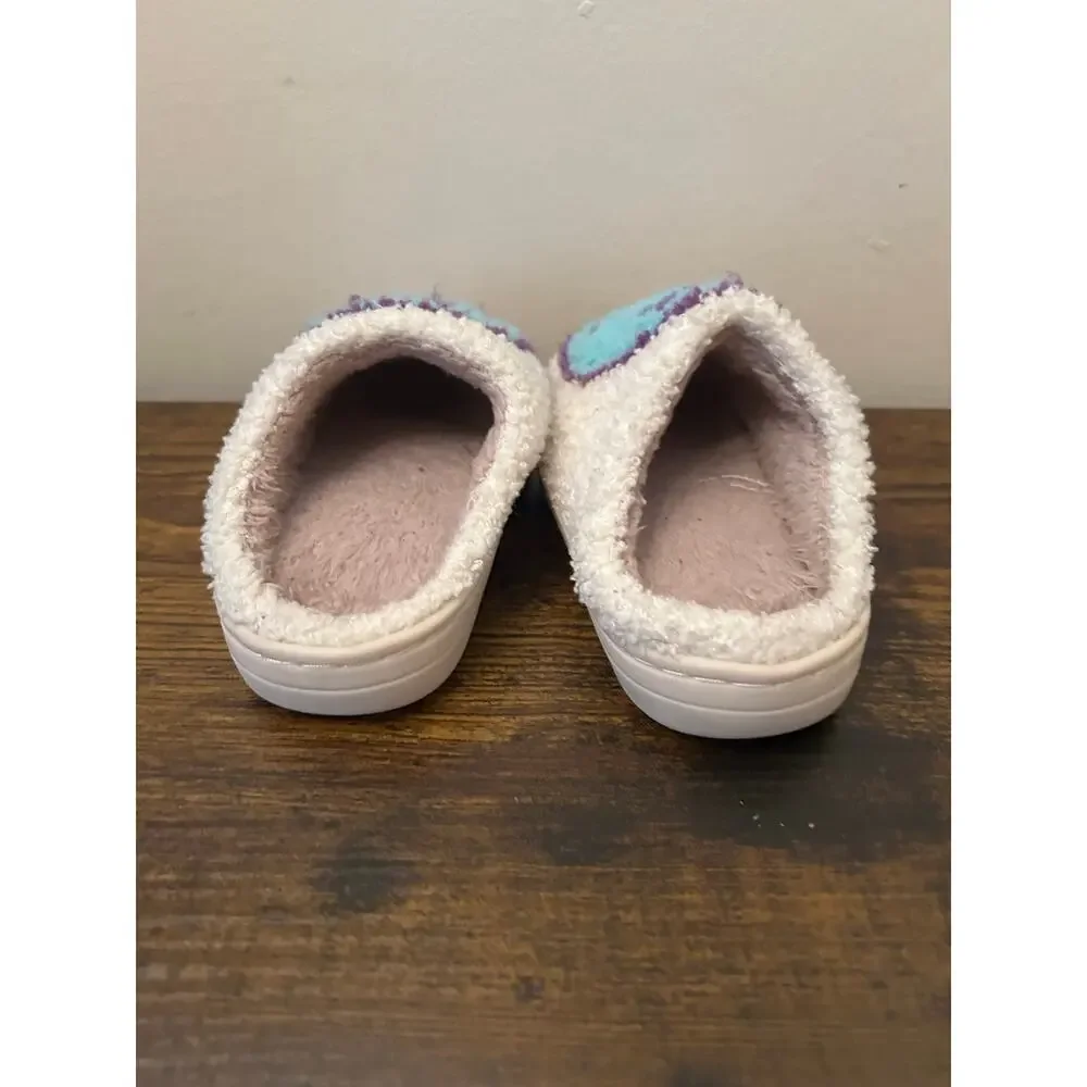 Retro Fuzzy Smiley Face Slippers Cream Teal Turquoise Purple Kids Sz 9.5 Cozy